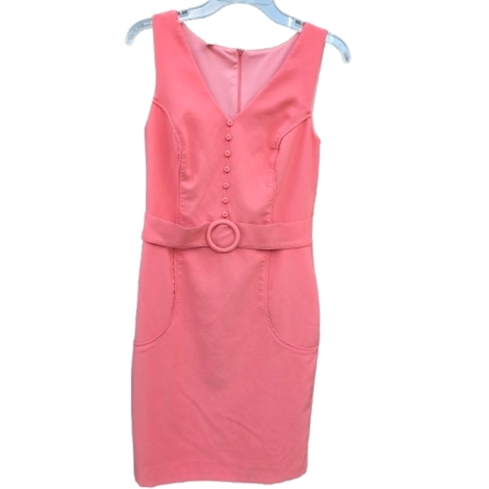 Sleeveless Coral Pink V Neck Belted Sheath Dress Size M
